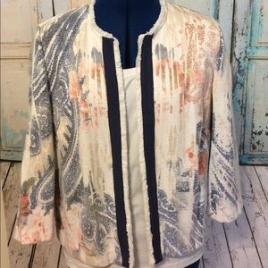 Chico's Cream Navy & Coral Patterned Open Front Jacket